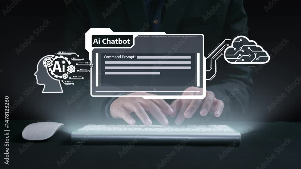 Poster human interact with ai artificial intelligence virtual assistant chatbot in concept of ai artificial