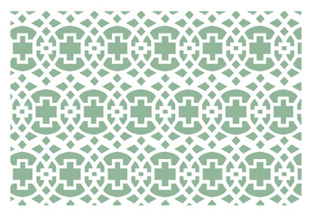 seamless pattern with christmas tree, geometric lattice or trellis-like repeating pattern in green and white, horizontally elongated oval or eye-shaped forms, traditional trellis designs