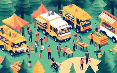 Vibrant Food Truck Festival: Isometric Illustration of a Sunny Outdoor Market
