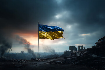 Ukrainian flag flying over battlefield ruins