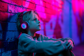 child wearing large headphones, sitting against glowing neon graffiti wall