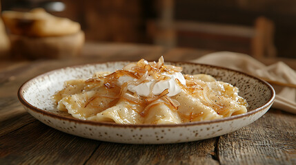 A rustic plate featuring a creamy, golden-brown dish topped with crispy fried onions and fresh herbs