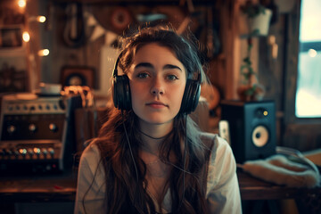 Portrait of a young female influencer wearing over-ear headphones