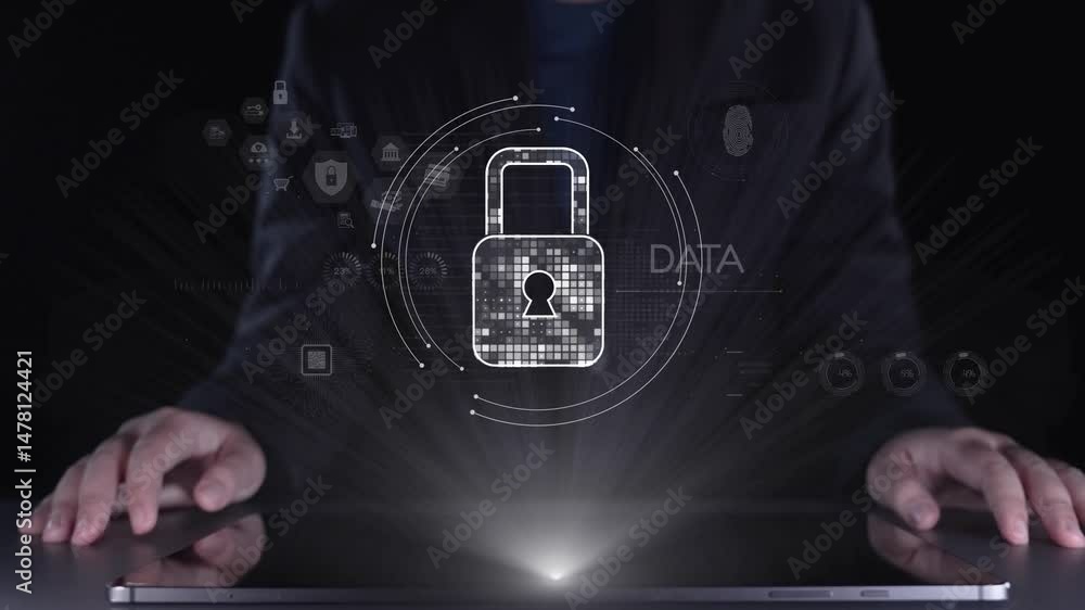 Poster this image showcases the concept of data protection with a digital lock overlay, emphasizing cyberse