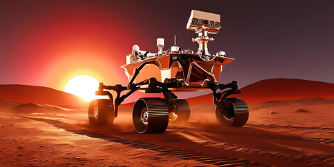 Mars Rover Exploring the Red Planet at Sunset with Advanced Instruments