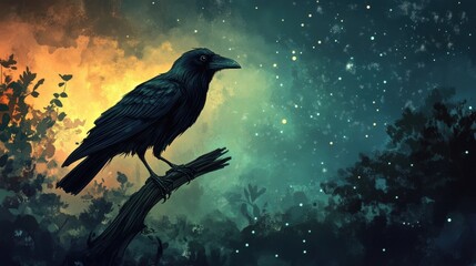 Fototapeta premium A nocturnal crow perched, contemplating the starry night sky.