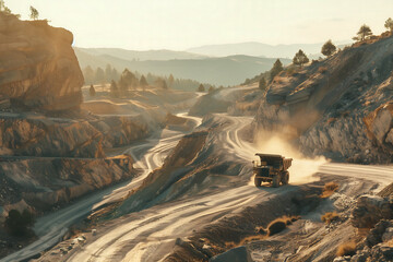 quarry landscape with industrial dump trucks navigating winding dirt roads