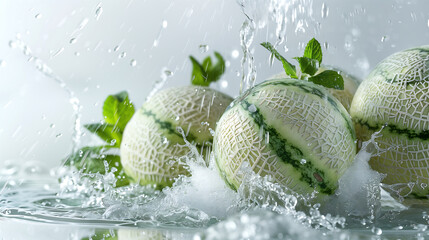  sliced green melons with mint leaves on the background