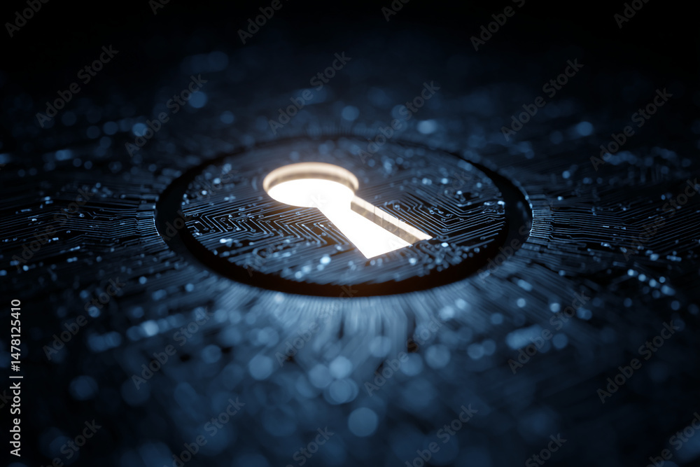 Poster glowing keyhole on circuit board, abstract digital security concept, symbolizing data protection and