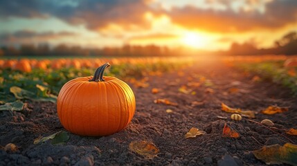 Autumnal pumpkin landscape at golden hour.
