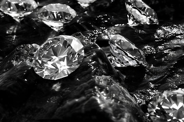 diamonds sparkle on a rough dark surface