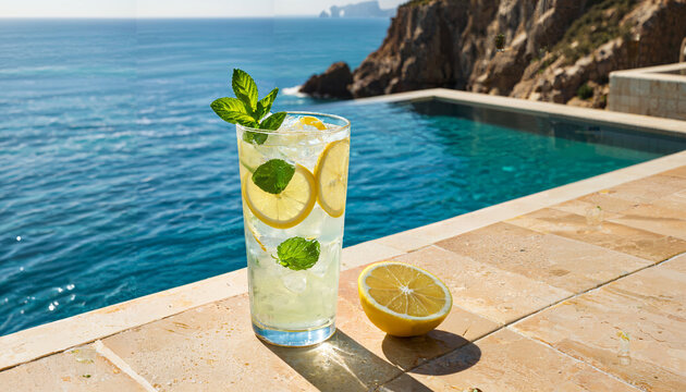 Le verre de citronnade au bord d'une piscine