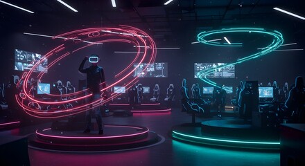 Futuristic Virtual Reality Gamer in Neon Lit Arena Experience Immersive Gaming Technology Metaverse