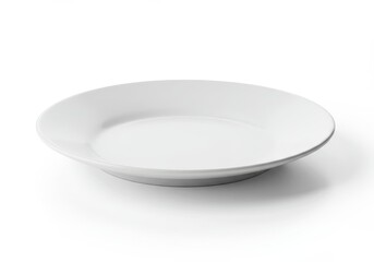An empty white ceramic plate is displayed on a white surface ready for a meal