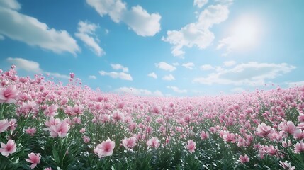 . A beautiful field of blooming flowers under a bright blue sky, creating a cheerful scene with a whimsical twist