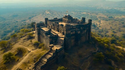 . An aerial view of Kavaledurga Fort perched on a hill, surrounded by breathtaking natural scenery
