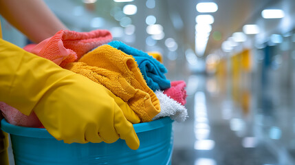 Close-up of a hand wearing a yellow glove holding a bucket full of bright colorful cleaning brushes