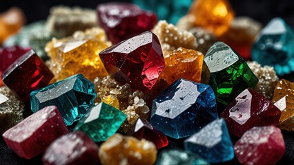 Blue Sapphire, Amethyst, Topaz and Citrine Gemstone Chunk Fragments in Macro Detail

