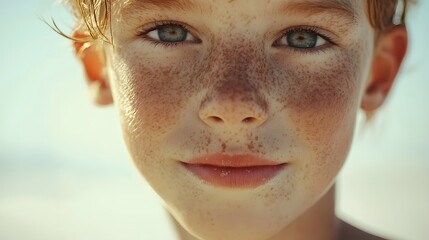 . A charming image of a young person with freckles enjoying a sunny day at the beach with a whimsical twist