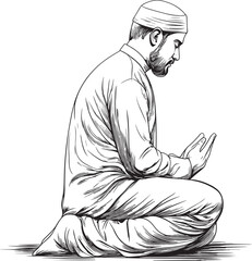 Muslim Man Praying – Islamic Line Art Illustration in Traditional Clothing and Peaceful Sitting Posture
