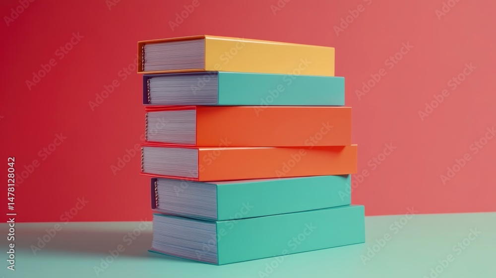 Poster stack of colorful books on a teal surface against a red background.