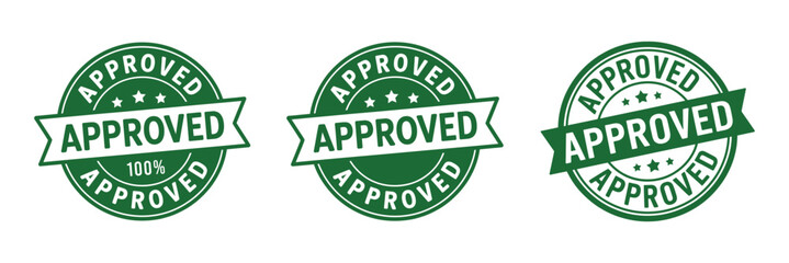Obraz premium Three Green Approved Stamps with Banner and Stars for Quality Assurance and Certification