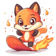 The Fiery Fox Surfer illustration showcases a cartoon fox riding a surfboard while having a tail that is on fire