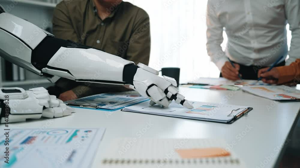 Poster in a forward thinking project briefing, specialists integrate an ai assistant, using strategic data 