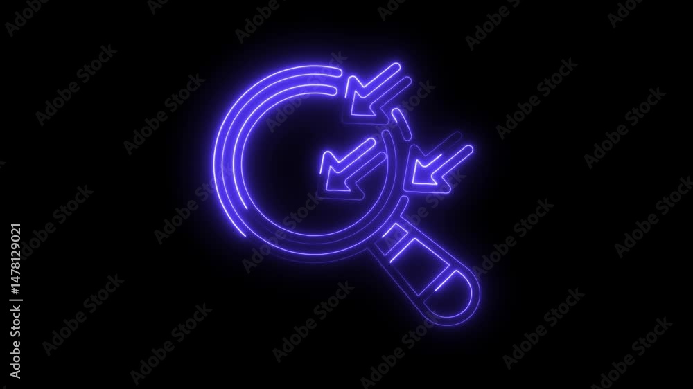 Poster glowing neon search icon with arrows illustrating data analysis and information retrieval