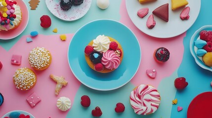 . A colorful flat lay of friendship-themed treats and decorations for Best Friend Day under a glowing sky