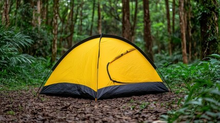 Yellow Tent in Lush Green Forest Setting
