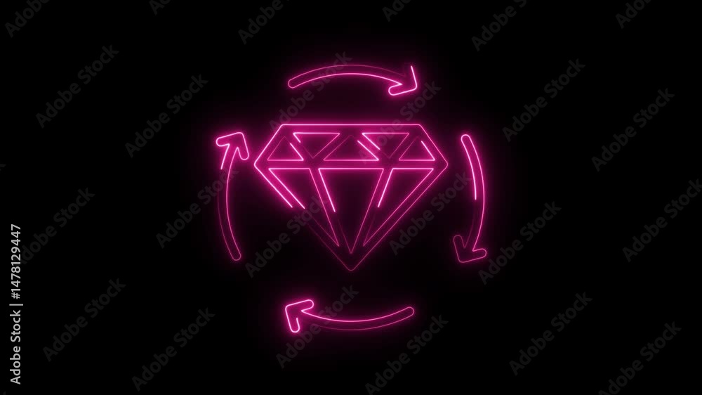 Poster neon diamond with arrows rotating around in pink color animation on black background