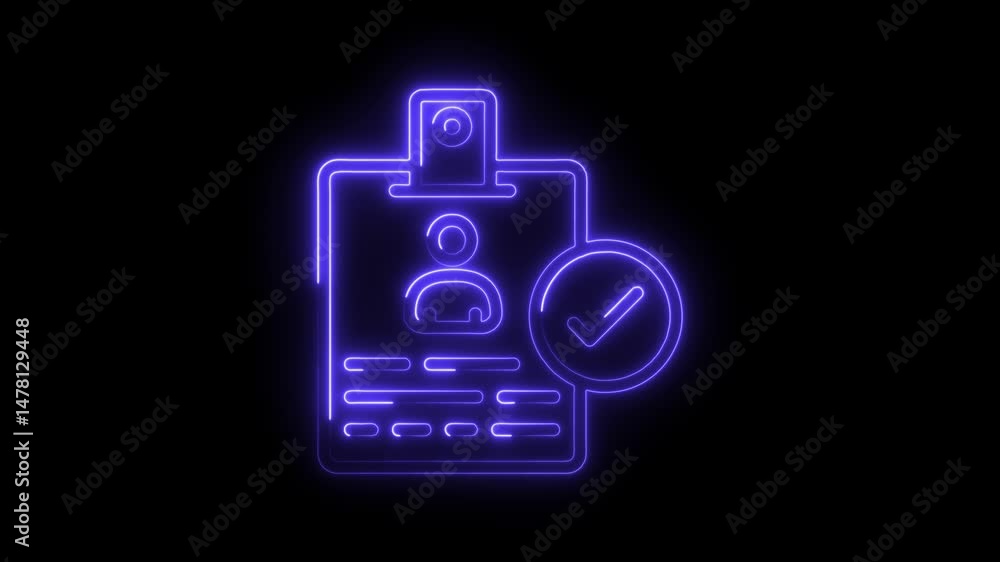 Poster neon employee id badge animation with verification check mark symbol against black background