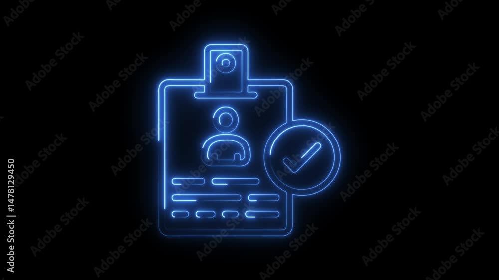 Poster neon id badge with check mark validated employee access security concept