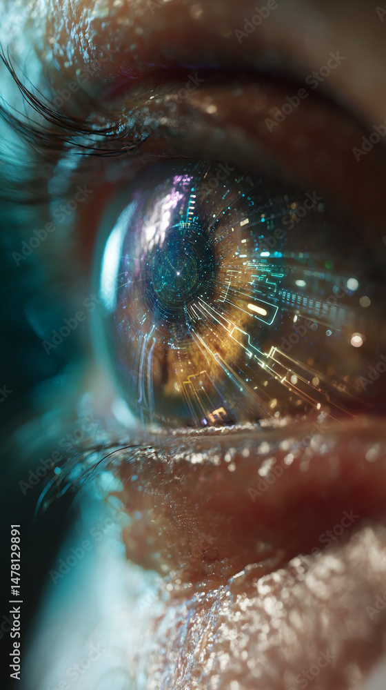 Aufkleber close-up of eye reflecting futuristic, digital pattern, creating a surreal and technological image, 