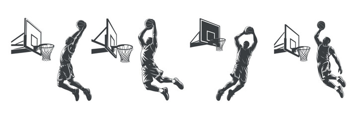 Multiple Action Shots of a Basketball Player Performing Dunks Near the Basket