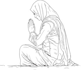 Muslim Man Praying – Islamic Line Art Illustration in Traditional Clothing and Peaceful Sitting Posture