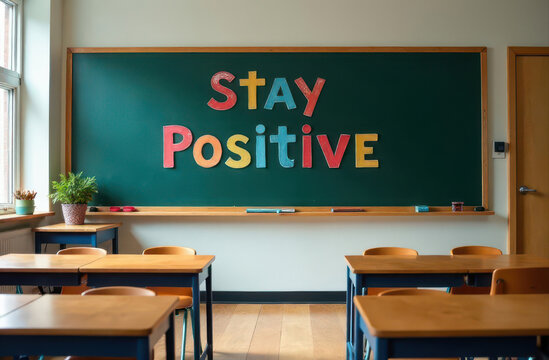 colorful "stay positive" message on a green chalkboard in an empty classroom with wooden desks and chairs. concept of motivation and encouragement in educational settings. print design, poster