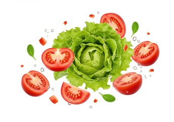 Fresh green lettuce head surrounded by sliced red tomatoes and water droplets on white