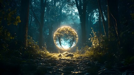 . A dark, enchanted forest scene with a glowing crystal ball at the center