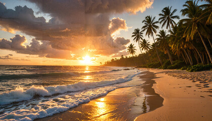 Le coucher du soleil sur la plage tropicale
