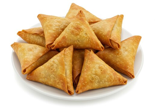 Pile of golden brown samosas on a white plate ready to be served as a snack