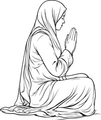 Muslim Man Praying – Islamic Line Art Illustration in Traditional Clothing and Peaceful Sitting Posture