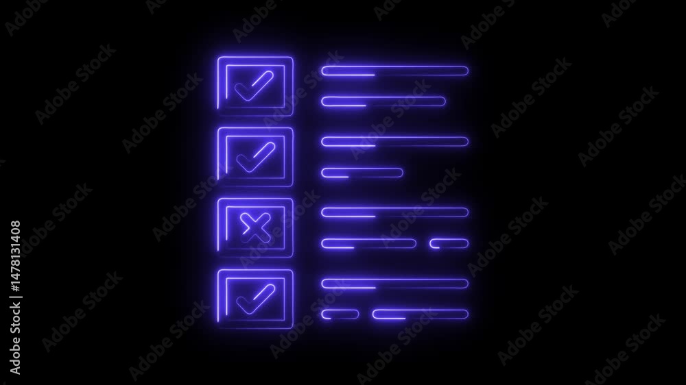 Poster glowing neon checklist animation with cross mark and tick boxes on black background
