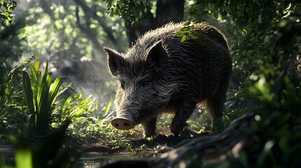 . A dynamic shot of a wild boar foraging in the underbrush, emphasizing its behavior with a whimsical twist
