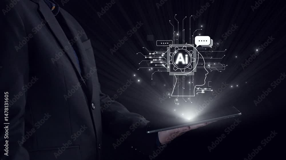 Poster human interact with ai artificial intelligence brain processor in concept of ai artificial intellige