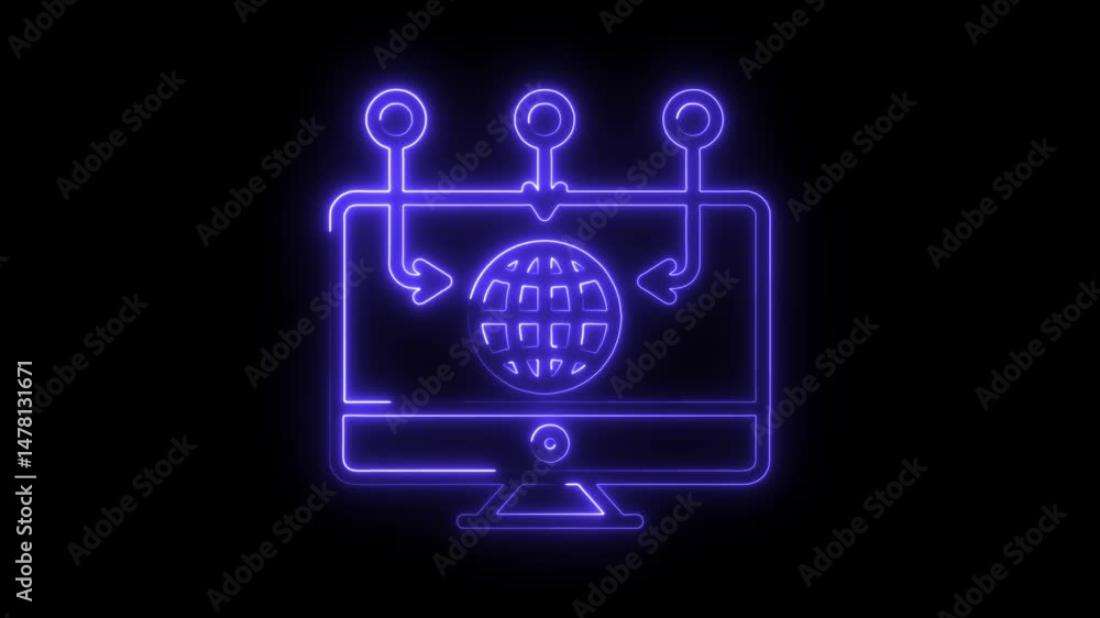 Poster neon computer with world globe and phishing hooks on a black background