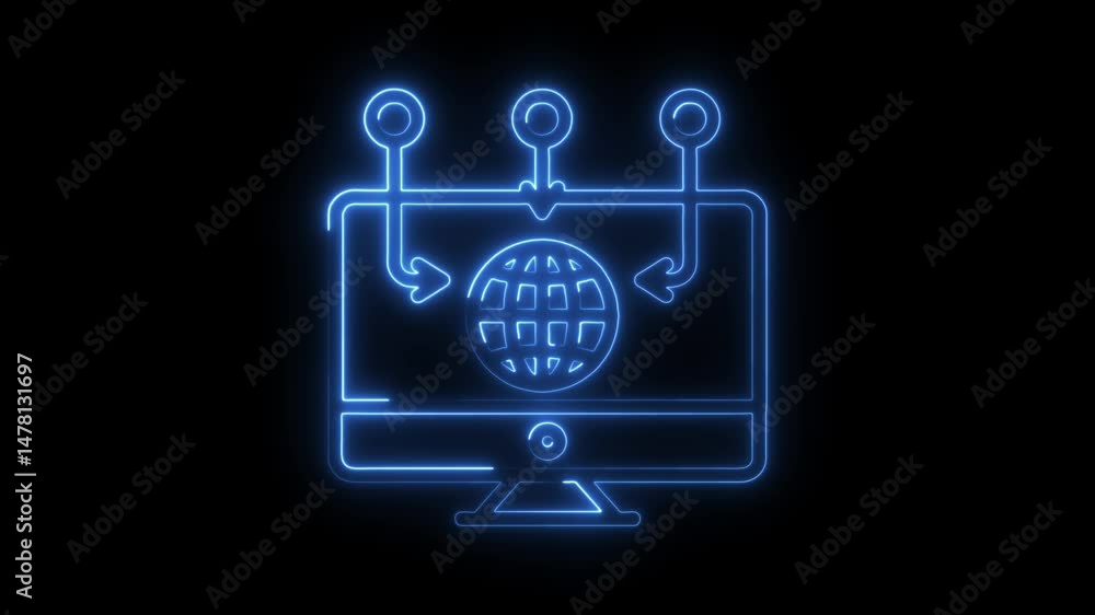 Poster neon computer with global web being hacked illustration concept of cyber security attacks