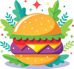 Delicious and colorful burger with fresh ingredients and decorative elements flat style vector 