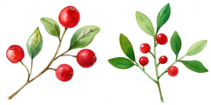 recommend clip art: Watercolor illustration of two branches featuring red berries and green leaves
